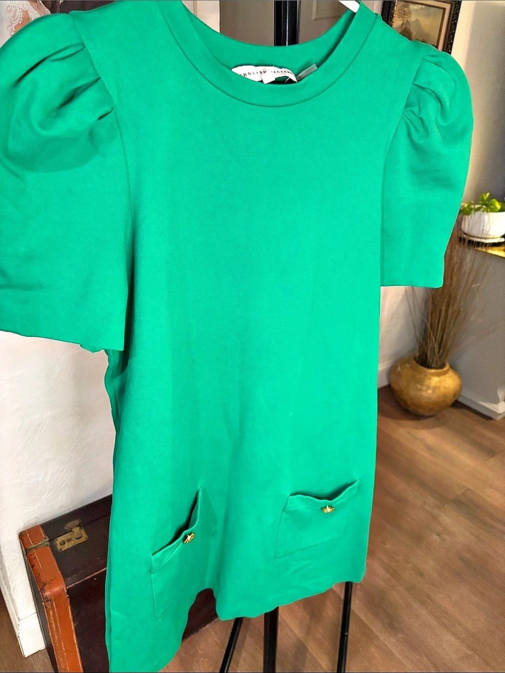 English Factory Puff Sleeve Mini Dress in Green Size Medium Like New